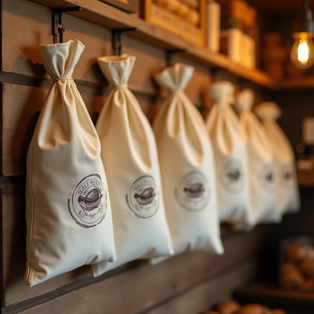 Bedruckte Brotbeutel aus Baumwolle, hängend in einer kleinen Bäckerei