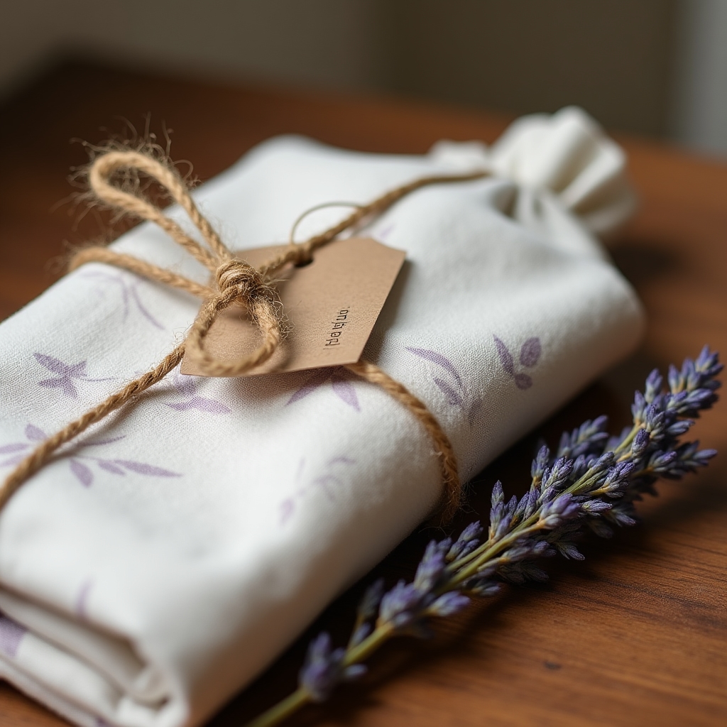 Verpacktes Geschenkset aus bedrucktem Geschirrtuch und Brotbeutel, mit Kordel gebunden