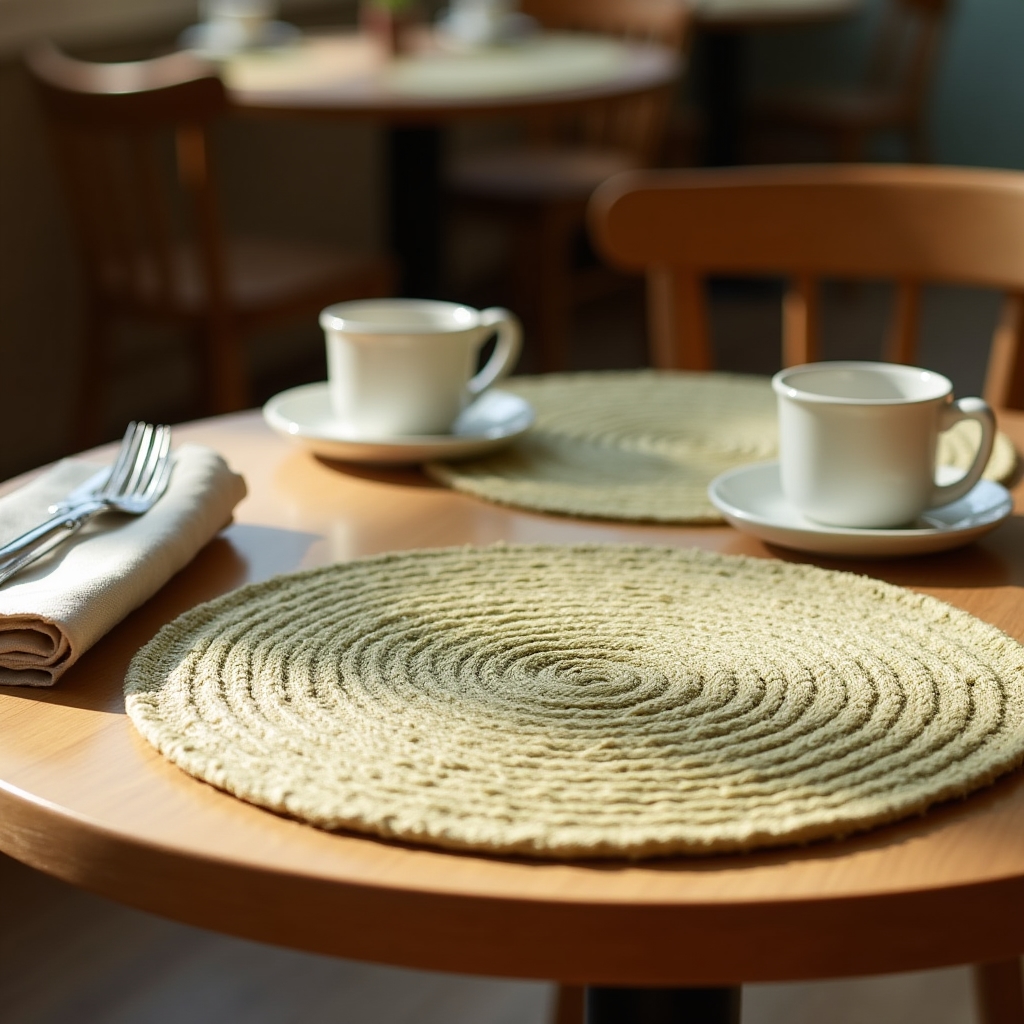 Bedruckte Tischsets aus Baumwolle, auf einem gedeckten Café-Tisch ausgelegt